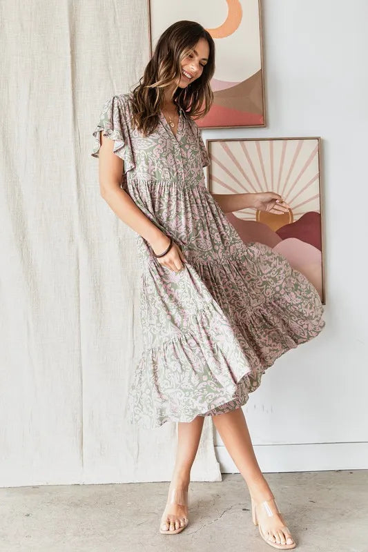 Abstract Print Ruffle Tier Midi Dress - Sage - product view 2