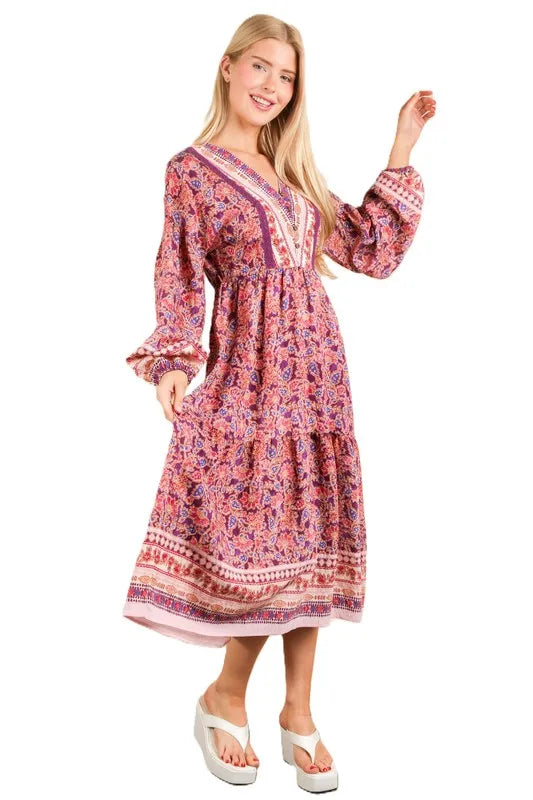 Floral Printed Boho V-Neck Balloon Sleeve Dress in Purple Mix - product view 6