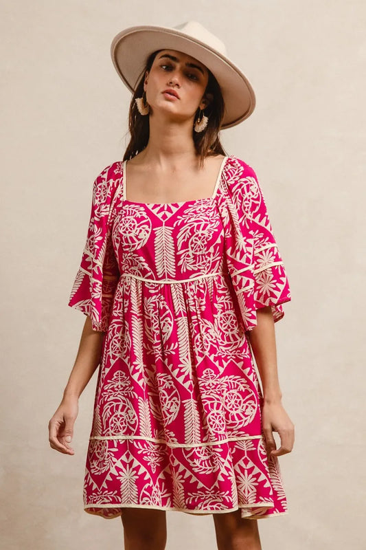 Aztec Woven Printed Contrast Binding Dress in Fuchsia - product view 2