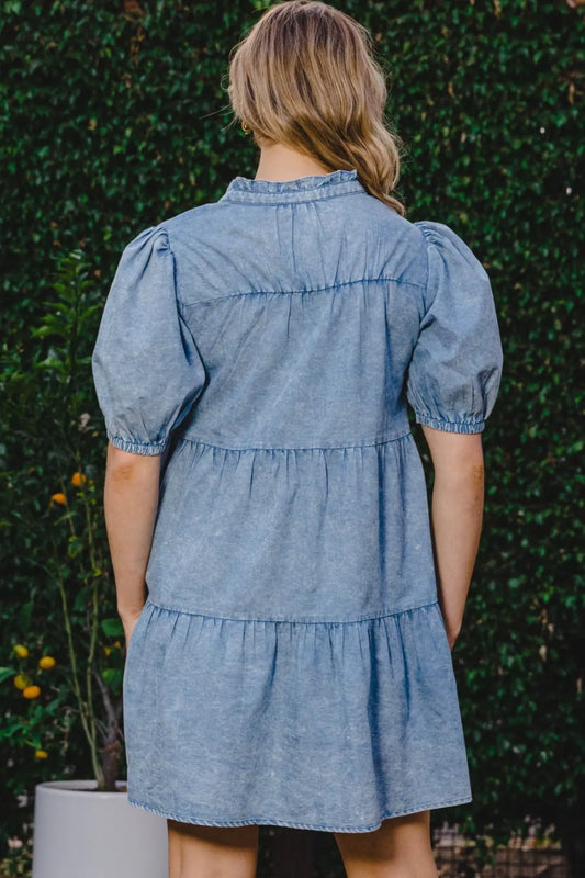 Washed Tiered Mini Denim Dress in Washed Denim - product view 2