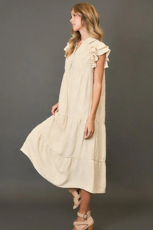Full Size Tiered Floral Burnout Ruffle Sleeve Midi Dress Plus Size in Cream - product view 2