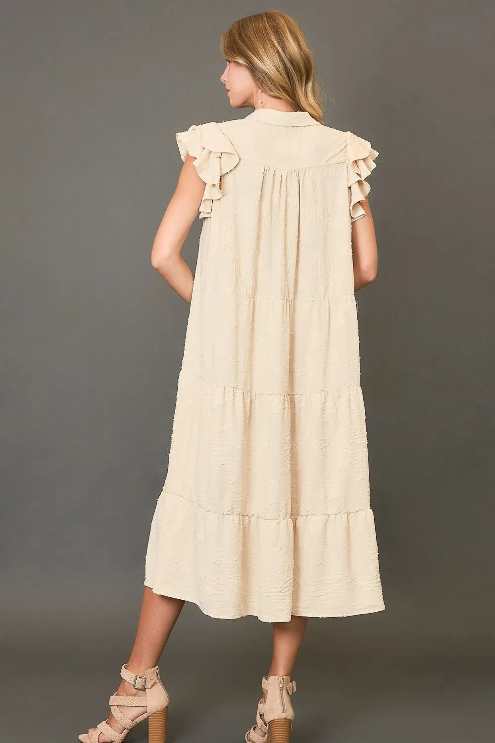 Full Size Tiered Floral Burnout Ruffle Sleeve Midi Dress Plus Size in Cream - product view 3