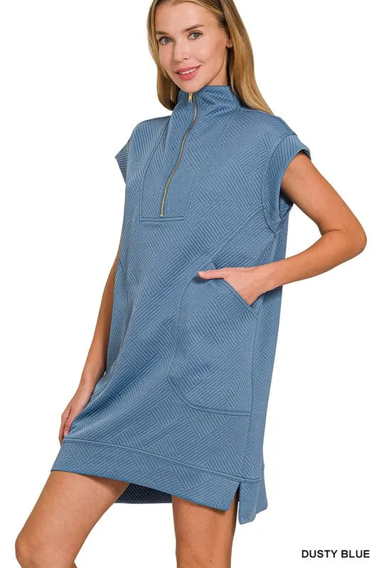 Textured Knit Jacquard Quarter Zipper Mini Dress - Dusty Blue - product view 2