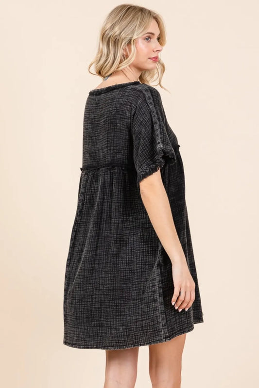 Full Size Short Sleeve Babydoll Texture Dress with Pockets - Black - product view 2