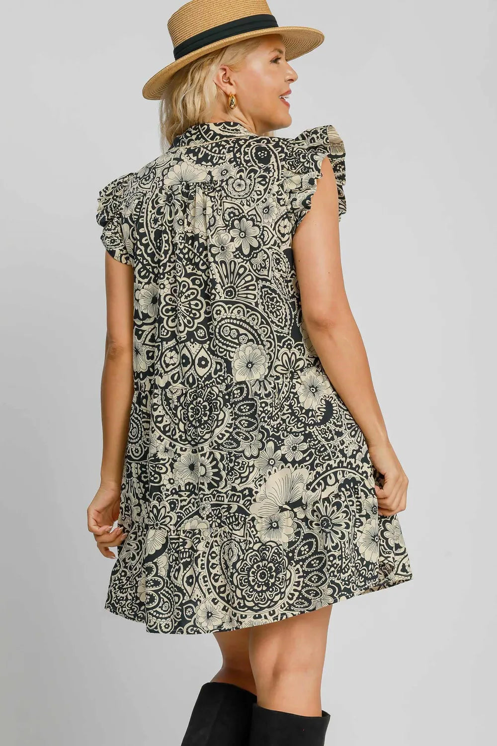Full Size Printed Ruffle Cap Sleeve Babydoll Dress Plus Size - Black - product view 4