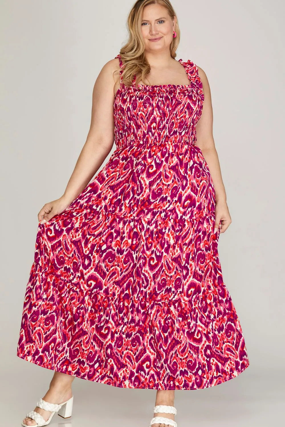 Full Size Smocked Printed Wide Strap Tiered Dress Plus Size - Deep Rose - product view 5