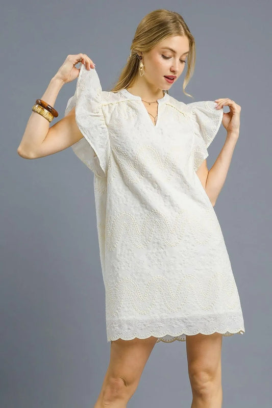 Scalloped Hem Embroidered Mini Dress in White - product view 2