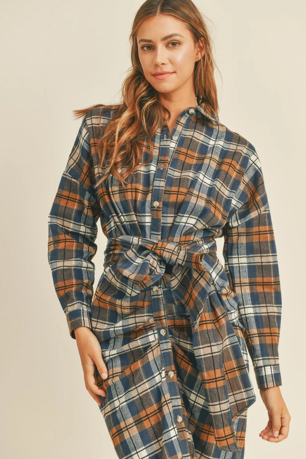Plaid Flannel Front Tie Button Down Shirt Dress in Camel - product view 6
