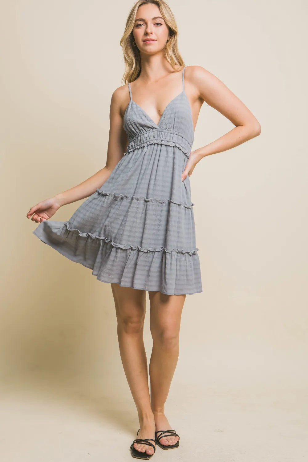 Frill V-Neck Cami Dress in Grey - product view 3