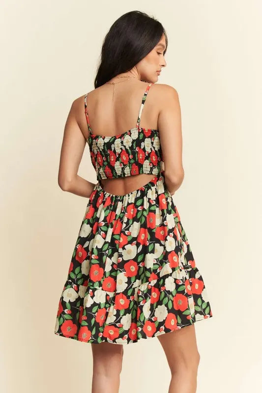 Floral Scalloped Cutout Back Mini Dress in Black - product view 2