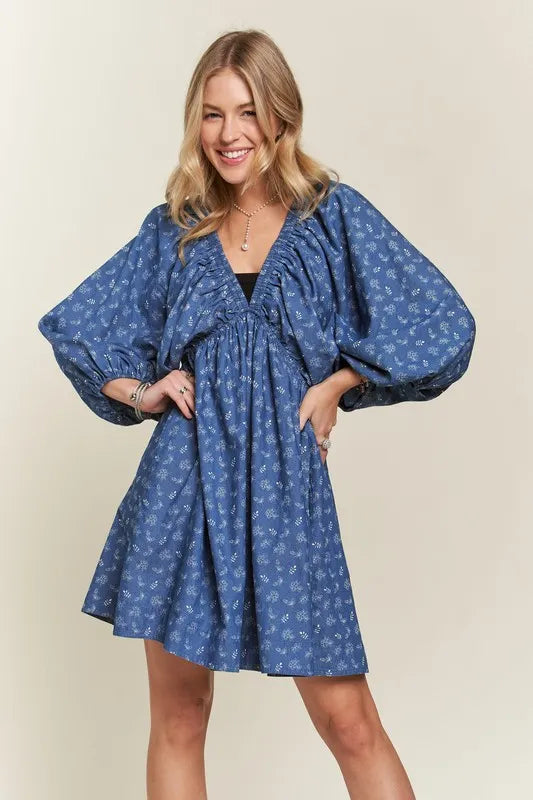 Batwing Sleeves Floral Dress in Denim/White - product view 7