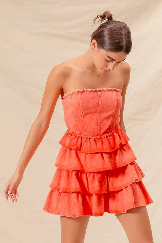Strapless Ruffle Layered Game Day Cheer Up Dress - Orange - product view 2