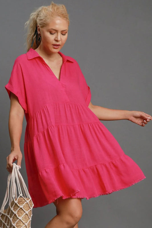 Full Size Raw Hem Folded Sleeve Tiered Dress Plus Size - Hot Pink - product view 2