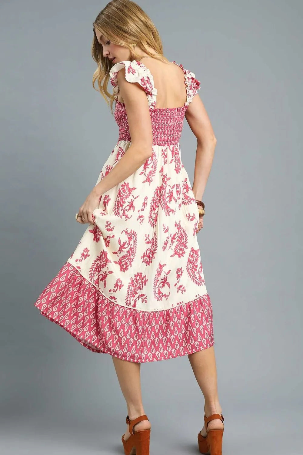 Printed Smocked Midi Dress with Ruffle Details in Deep Rose - product view 3