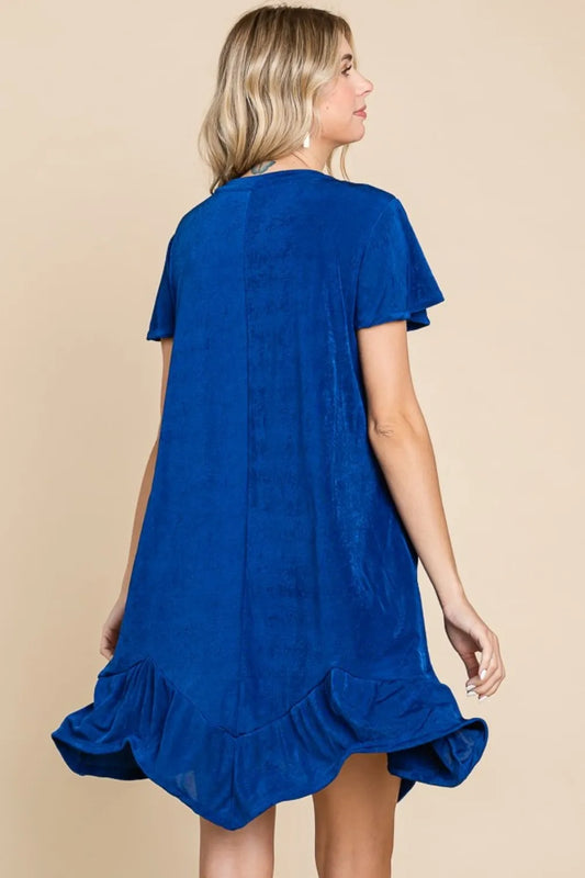 Full Size Short Sleeve Ruffled Asymmetric Hem Dress - Royal - product view 2