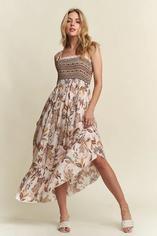 Smocked Printed Square Neck Tie Shoulder Cami Dress - Ivory - product view 6