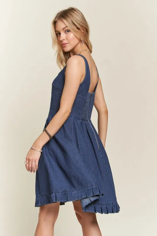 Smocked Back Square Neck Denim Dress in Denim Blue - product view 5