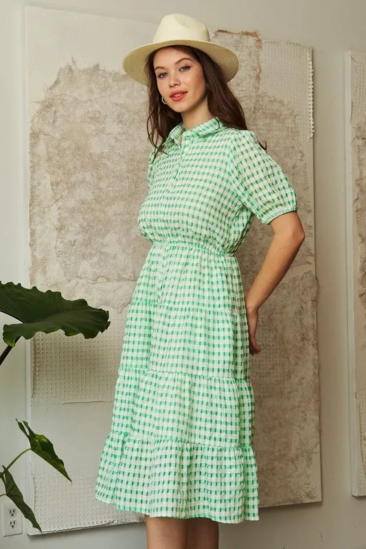 Checkered Puff Sleeve Tiered Shirt Dress in Green - product view 2