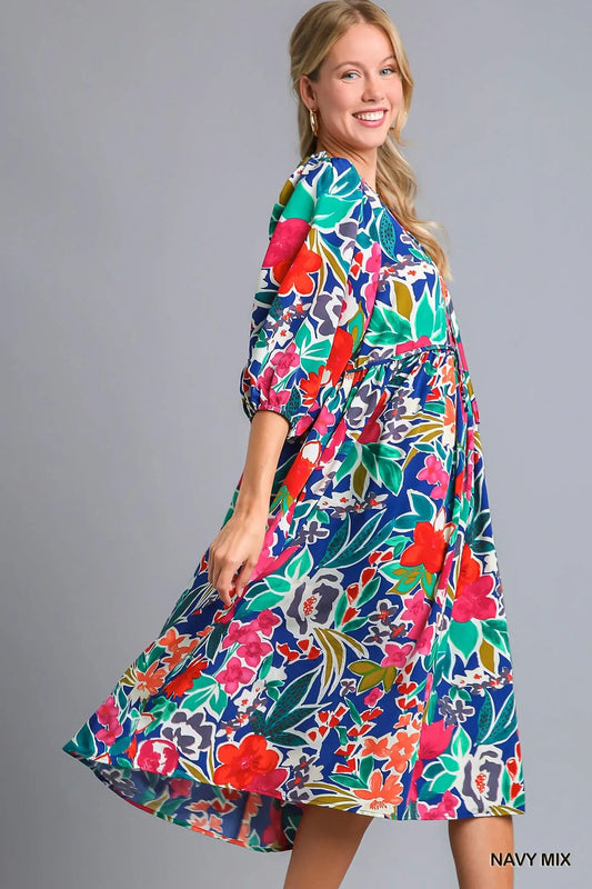 Floral Print Tie Neck Midi Dress with Pockets in Navy Mix - product view 2