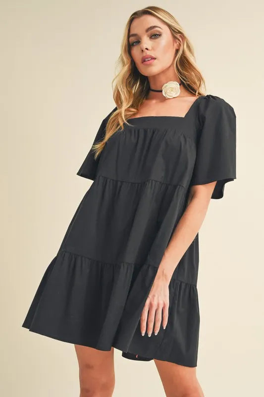Square Neck Half Sleeve Tiered Dress - Black - product view 2