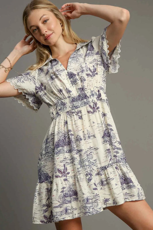 Full Size Landscape Print Collared Mini Dress Plus Size - Cream - product view 2