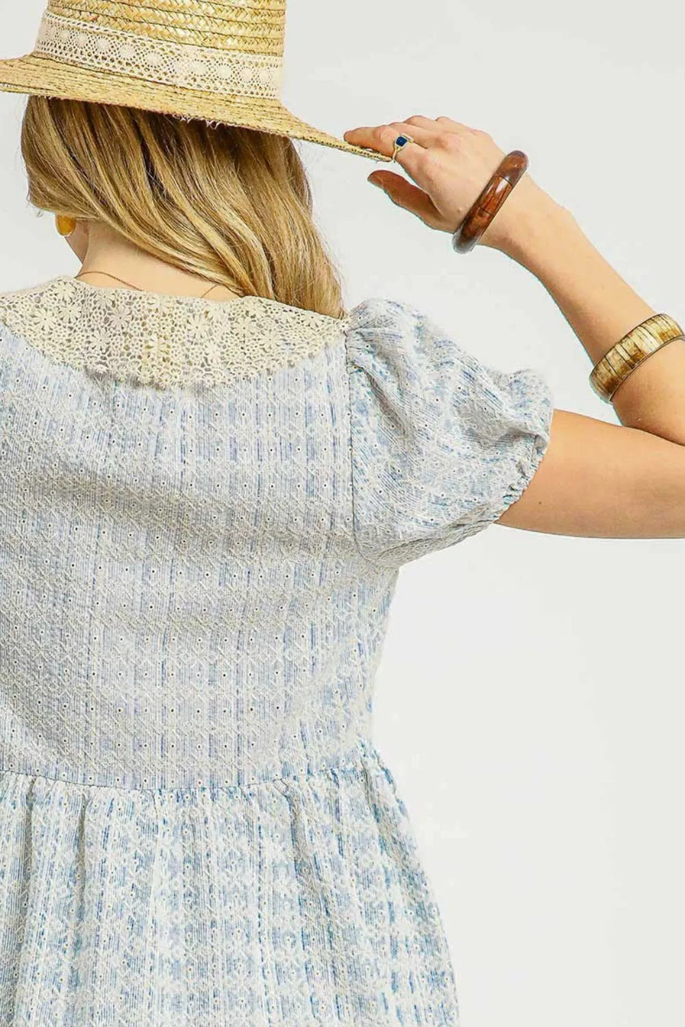 Lace Detail Short Puff Sleeve Mini Dress in Sky Blue - product view 3