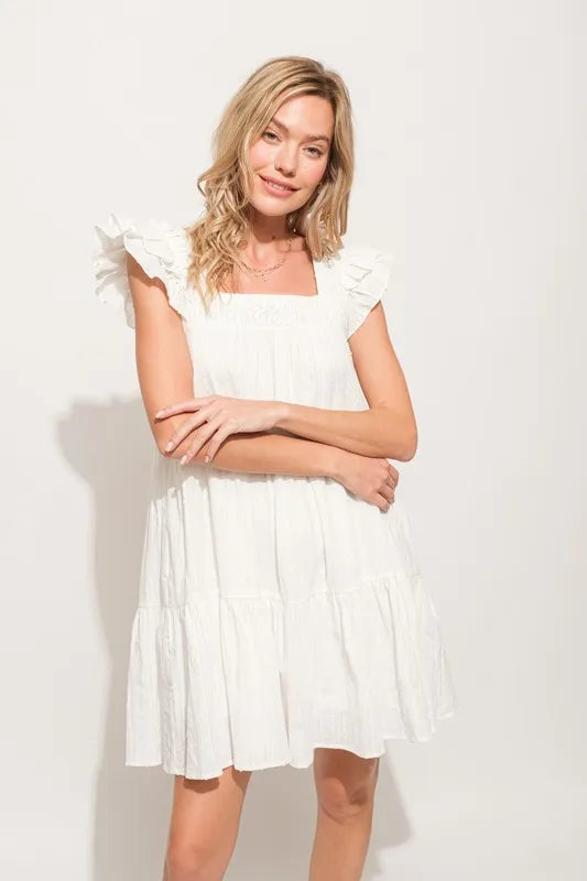 Origami Pleating Ruffled Sleeve Tiered Dress in Off White - product view 2