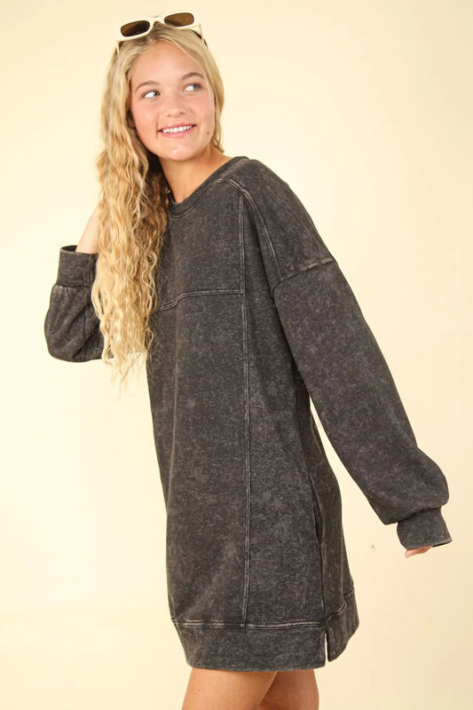 Mineral Washed Oversized Sweatshirt Mini Dress - Black - product view 2
