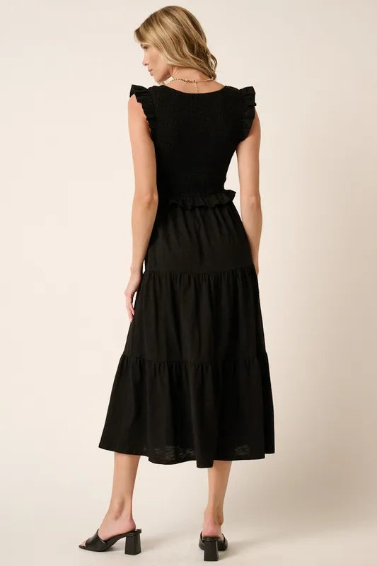 Smocked Ruffled Tiered Midi Dress in Black - product view 2