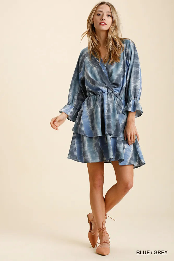 Tie Dye Ruffled Layered Dress with Elastic Waistband - Blue / Grey - product view 4