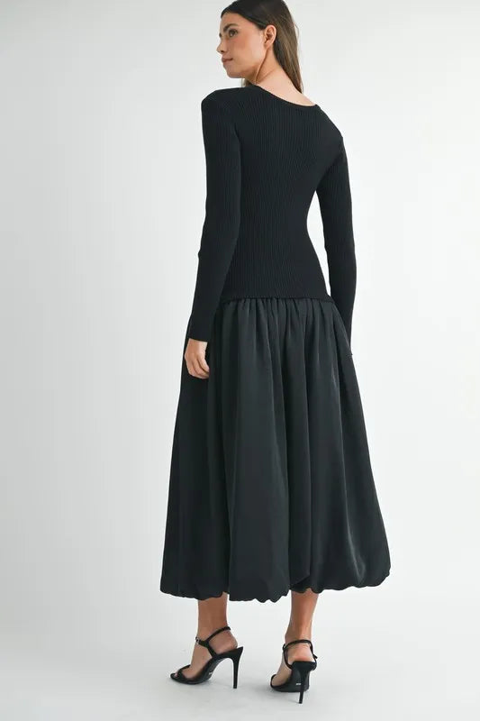Ribbed Poplin Mix Midi Sweater Dress in Black - product view 10