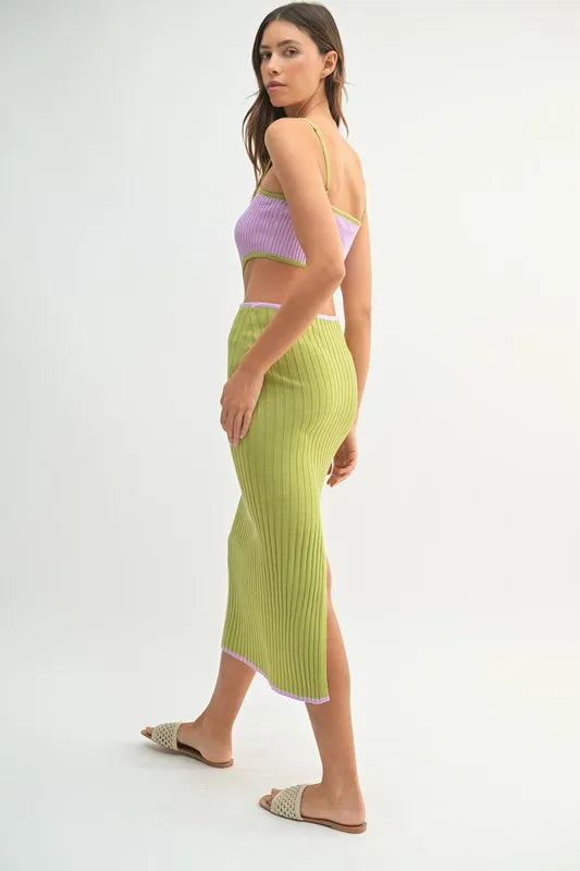 Ribbed Knit Color Block Cutout Midi Dress - Lime - product view 9