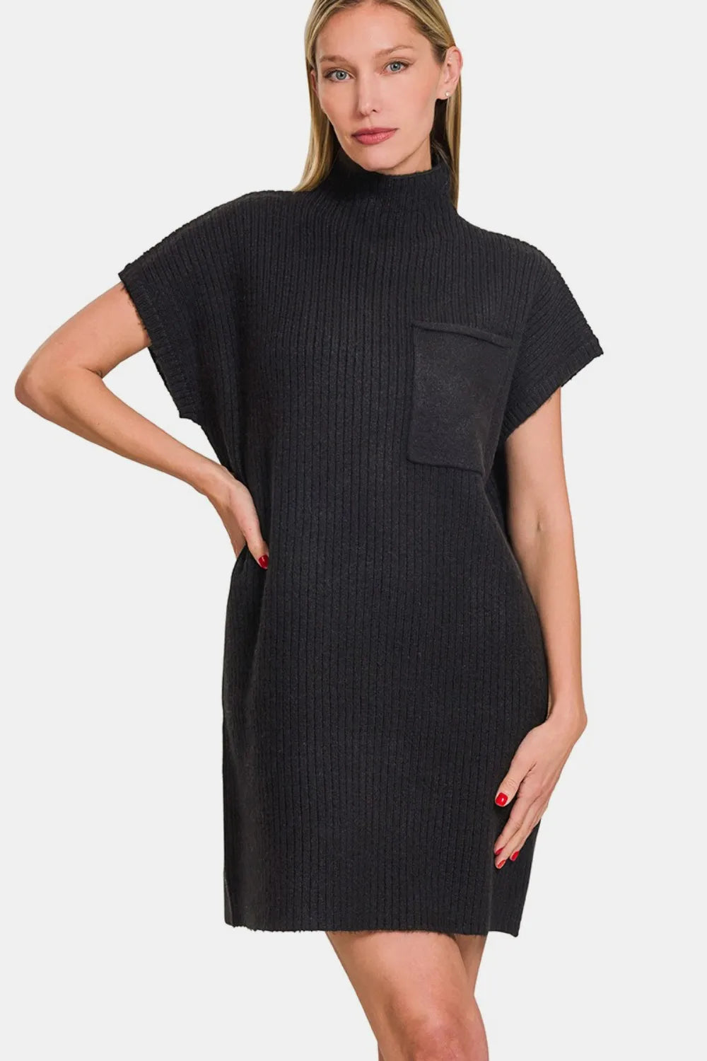 Short Sleeve Sweater Mini Dress - Black - product view 3