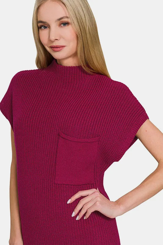 Mock Neck Short Sleeve Sweater Dress - Cabernet - product view 2