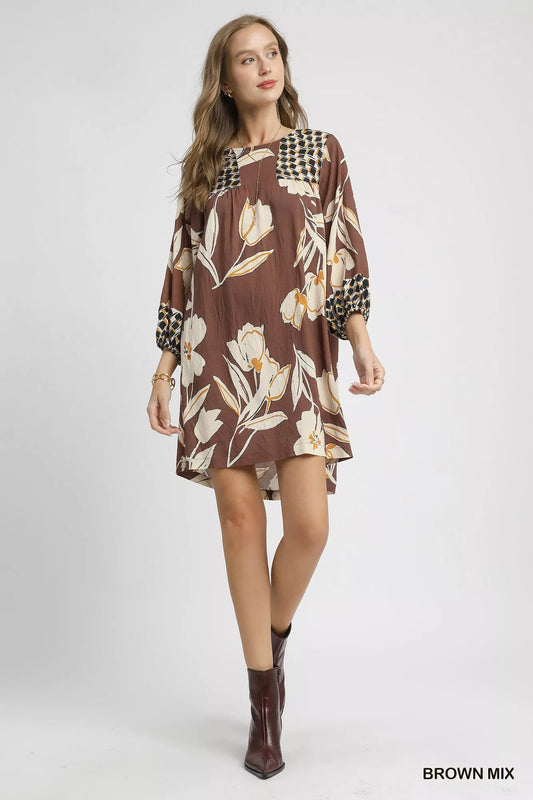 Floral High-Low Babydoll Dress in Brown Mix - product view 2