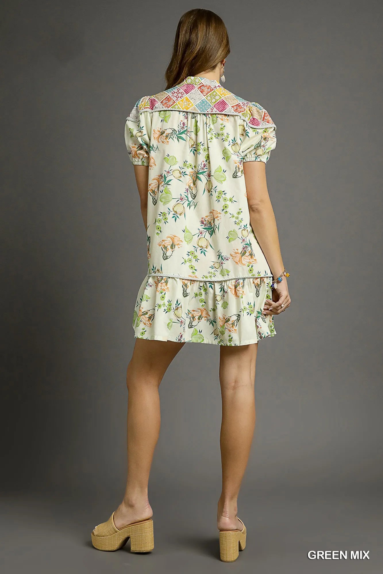 Floral Print Tie Neck Puff Sleeve Dress - Green Mix - product view 5