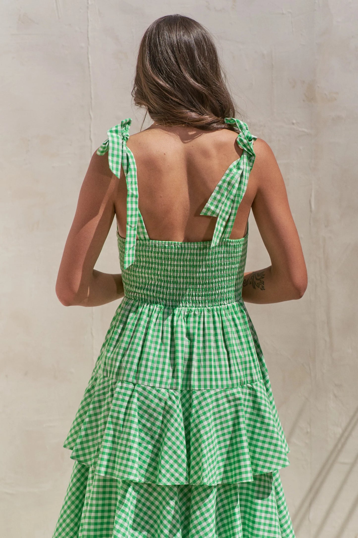 Full Size Sleeveless Gingham Print Tiered Midi Dress Plus Size in Green - product view 10