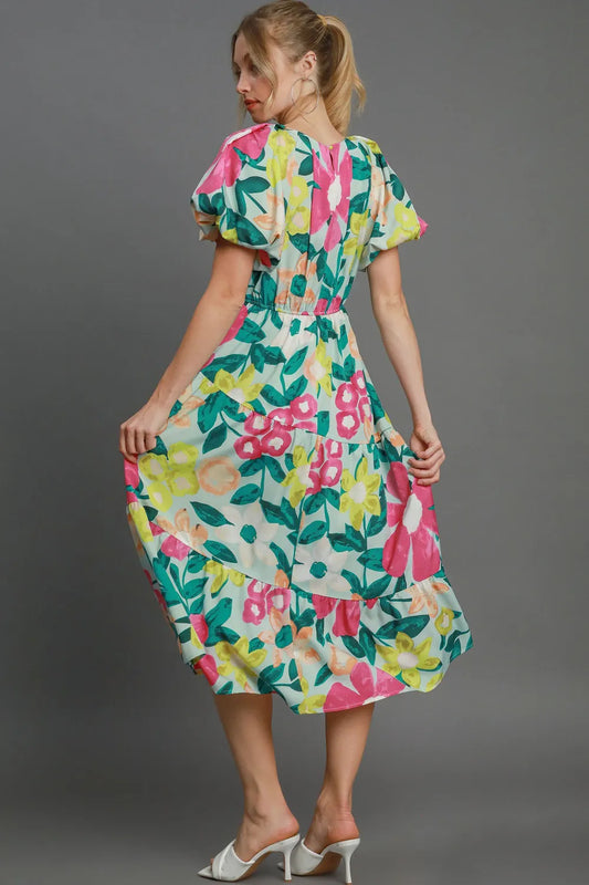 Full Size Tiered Floral Print Notched Puff Sleeve Midi Dress Plus Size - Mintmix - product view 2
