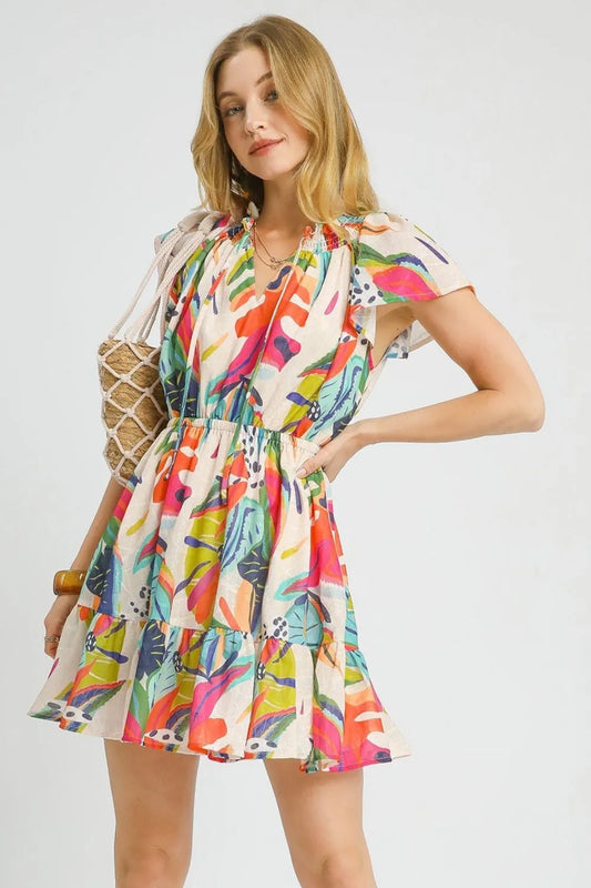 Printed Tie Neck Ruffled Hem Dress in Orange - product view 2