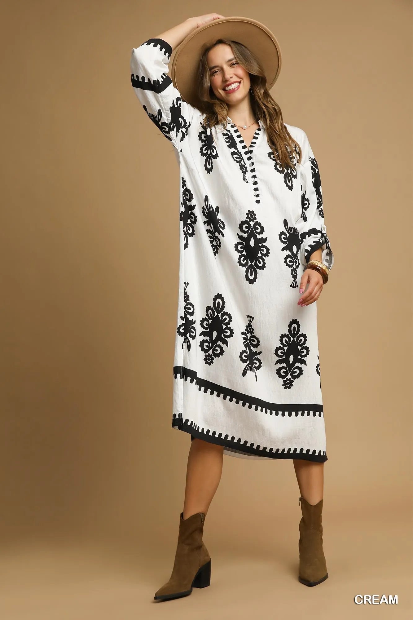 Abstract Print Midi Dress in Cream - product view 5