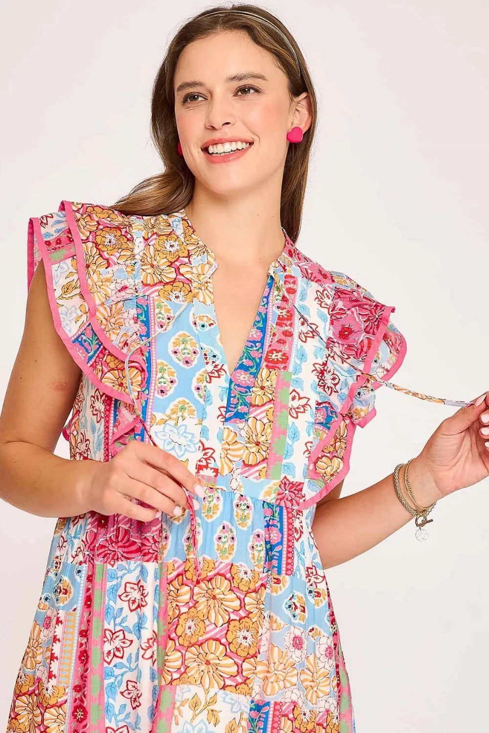 Full Size Tie Neck Double Layered Ruffle Sleeve Midi Dress Plus Size in Pink Mix - product view 4