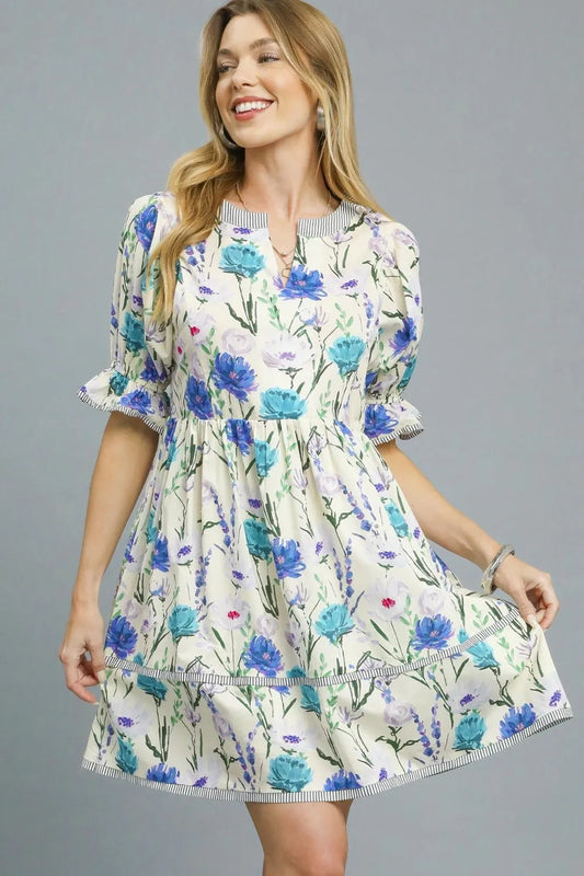 BabyDoll Floral Striped Hem Mini Dress in Pastel Blue - product view 2