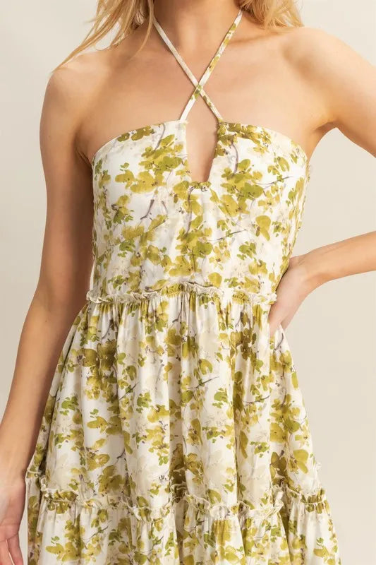 Floral Print Halter Neck Tiered Mini Dress in Yellow-Green - product view 5