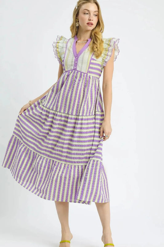 Striped Ruffle Cap Sleeve Midi Dress in Heliotrope Purple - product view 2