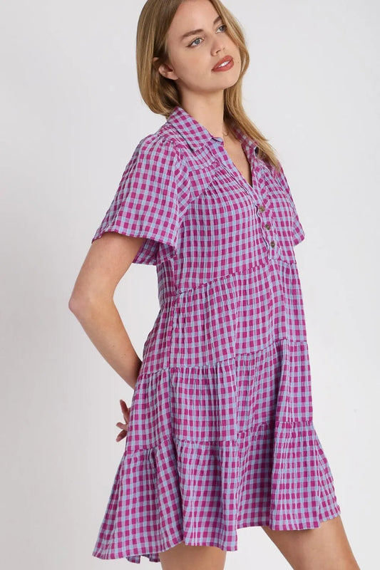 Full Size Gingham Tiered Button Detail Short Sleeve Dress Plus Size - Red-Violet - product view 2