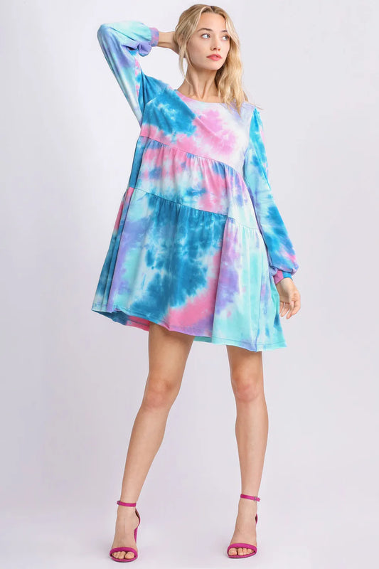Full Size Tie Dye Round Neck Long Sleeve Babydoll Tiered Dress Plus Size in Teal/Pink - product view 2