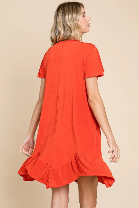 Full Size Short Sleeve Ruffled Asymmetric Hem Dress - Scarlet - product view 2