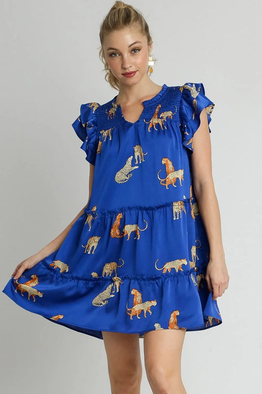 Full Size Cheetah Print Notched Ruffle Layered Cap Sleeve Mini Dress Plus Size in Royal Blue - product view 2