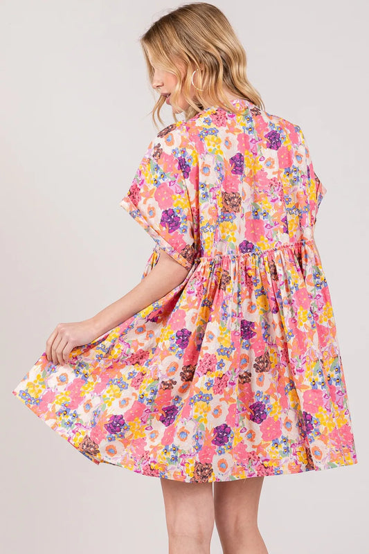 Floral Short Sleeve Babydoll Dress with Pockets in Multi - product view 2