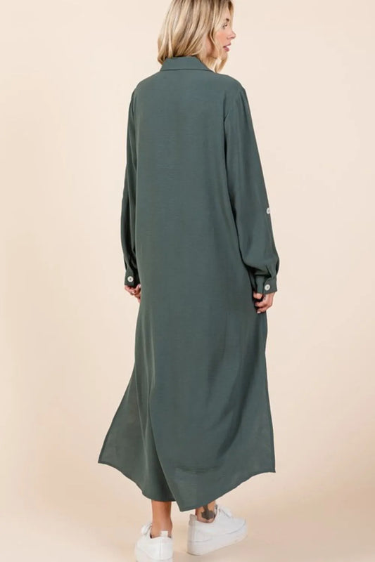 Airflow V-Neck Long Sleeve Button Down Maxi Dress in Lt Hunter - product view 2